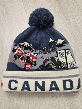Roots Canada Knit Pom Beanie - Navy, Gray, Cream, Red Hockey